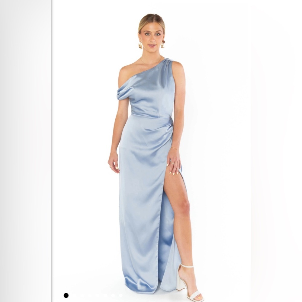 Show Me Your MuMu One-Shoulder Satin Maxi Dress in Light Blue. Jodie dress